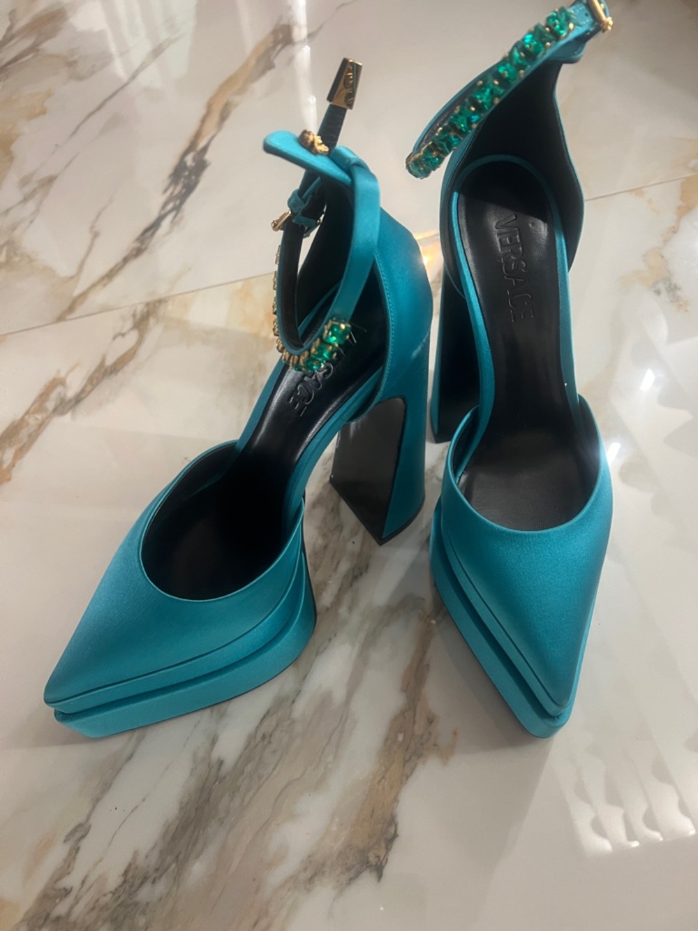 Versace Turquoise Pointed-Toe Platform Ankle-Strap Pumps with Crystal Accent